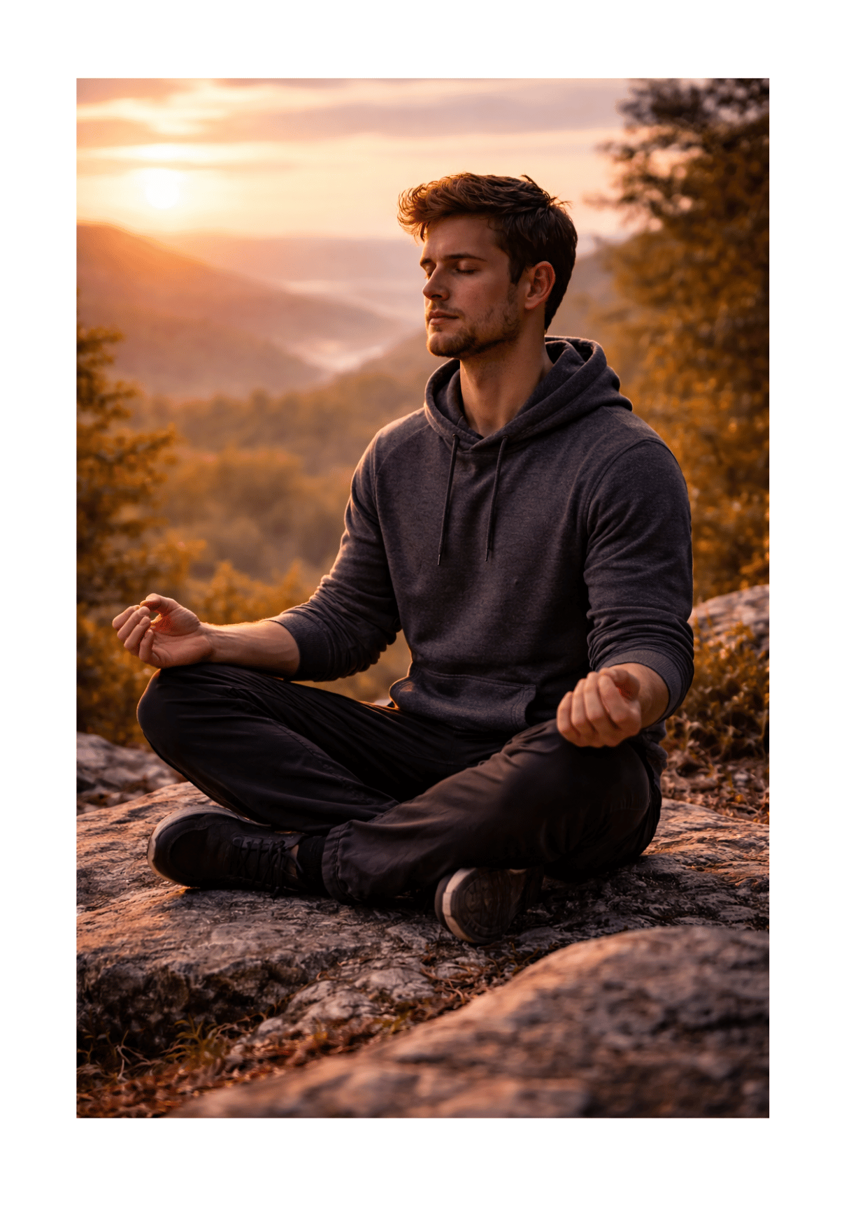 Muž relaxující v meditativní poloze na skále – obálka knihy Sama cesta je cílem